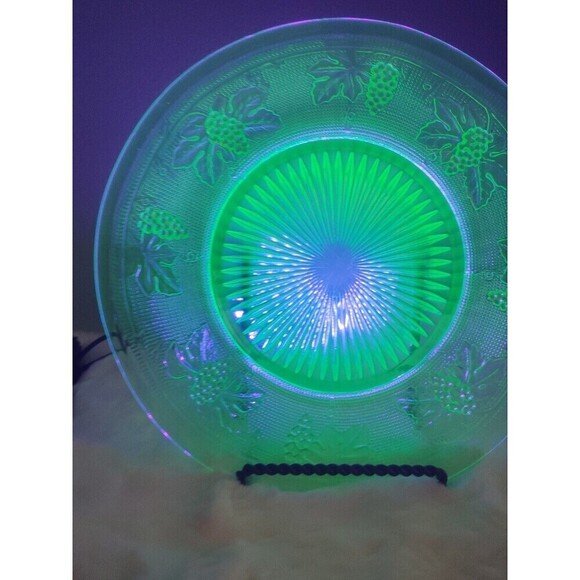 Westmoreland Green Vaseline Glass Grape & Leaf Woolworth Plate circa 1930-Glows! - Picture 2 of 10